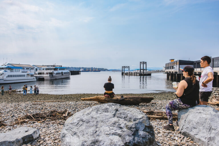 People stand on a rocky beach and find places to sit among the driftwood and boulders on a calm beach in Downtown Seattle.