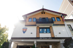 The exterior of a building with Scandinavian architecture.