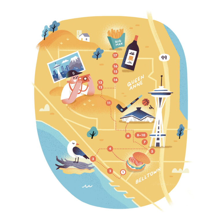 Illustrated map of Queen Anne and Belltown areas in Seattle, featuring landmarks like the Space Needle, a burger, Big Mac box, a photo of mountains, a wine bottle, a bird on a rock, and numbered locations with a dotted path.