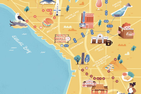 Illustrated map of Seattle highlights points of interest like Pike Place Market, Space Needle, and various neighborhoods. Icons depict local foods, coffee, and activities. Landmarks include museums, parks, and waterfront elements near Elliott Bay and Lake Union.