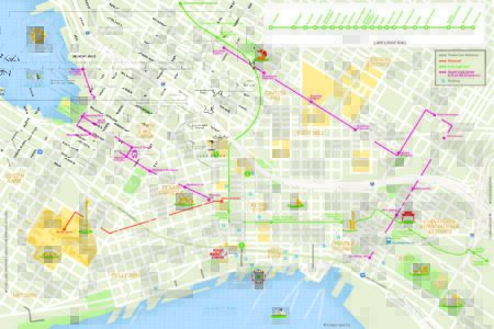 Illustrated map of downtown Seattle showing various attractions, streets, and routes. Highlights include Pike Place Market, Seattle Art Museum, and the Space Needle. Includes a light rail route and points of interest marked with icons.