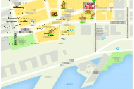 Map of Pike Place Market in Seattle, showing streets like Pike Place, Post Alley, and Western Ave. Icons represent attractions like the gum wall, a fish market, and a coffee shop. The map includes the waterfront along Alaskan Way and Elliott Bay.
