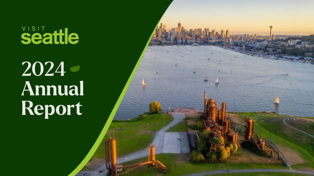 Aerial view of Gas Works Park in Seattle with downtown skyline and Space Needle in the background, beside text reading "Visit Seattle 2024 Annual Report" on a green background.