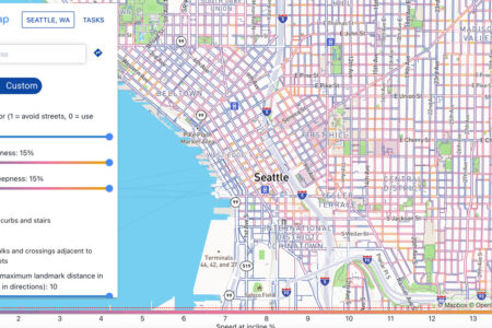 A digital map of Seattle, WA with streets marked, highlighting customizable accessibility settings like street avoidance, uphill and downhill steepness, and routes avoiding stairs and curbs. The city layout includes major roads and water bodies.