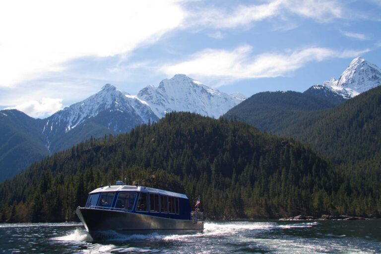 A small boat navigates through calm waters, surrounded by dense evergreen forests and snow-capped mountains under a bright blue sky.