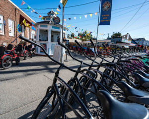 A rental bike lot on a sunny day