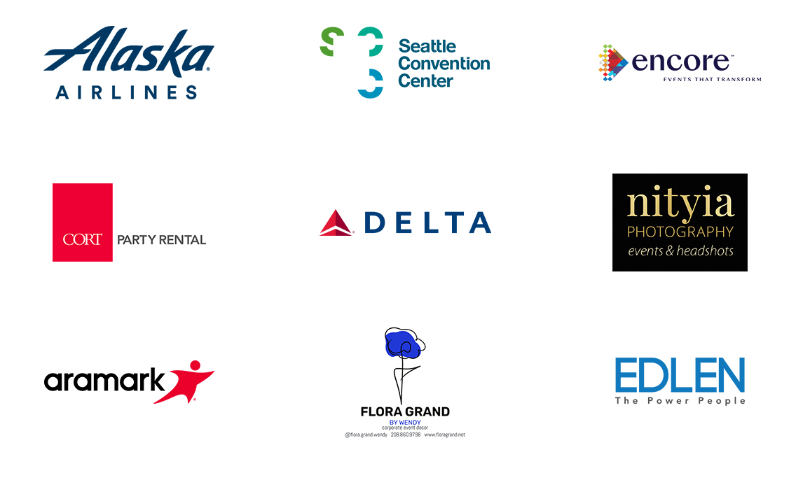 A grid of nine logos, including Alaska Airlines, Seattle Convention Center, Encore, CORT Party Rental, Delta, Nitya Photography, Aramark, Flora Grand, and Edlen. Each logo is distinct in color and design.