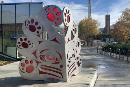 “La Diab Pish,” a glass and stainless steel sculpture of a Pacific giant octopus, by Preston Singletary and David Franklin at Climate Pledge Arena.