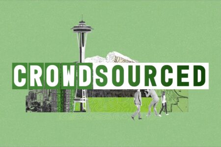 A green background with the word "CROWDSOURCED" in white and green letters. Behind the text are illustrations of a city skyline, the Space Needle, mountains, and abstract geometric shapes. People walking are depicted below the text.
