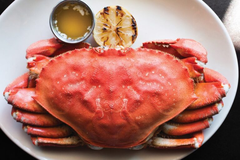 A cooked crab displayed on a white plate, accompanied by a small dish of melted butter and a half-grilled lemon.