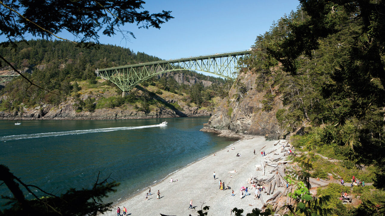 A view of Deception Pass bridge from the beach below.