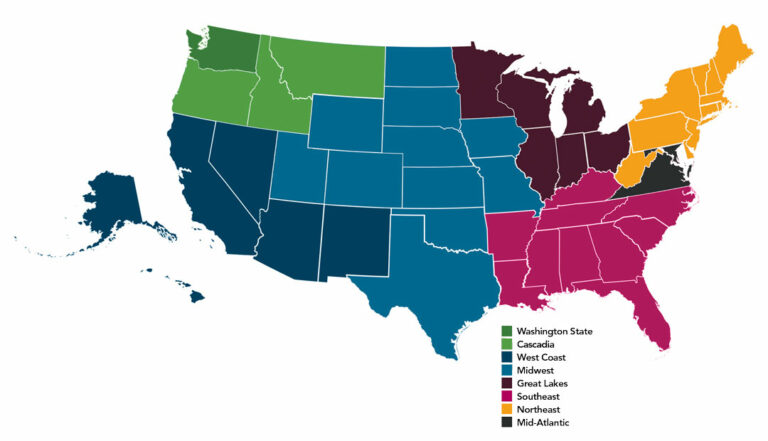 Map of the United States divided into regions, each in different colors: Washington State (dark green), Cascade (green), West Coast (teal), Midwest (blue), Great Lakes (brown), Southeast (pink), Northeast (orange), Mid-Atlantic (yellow).