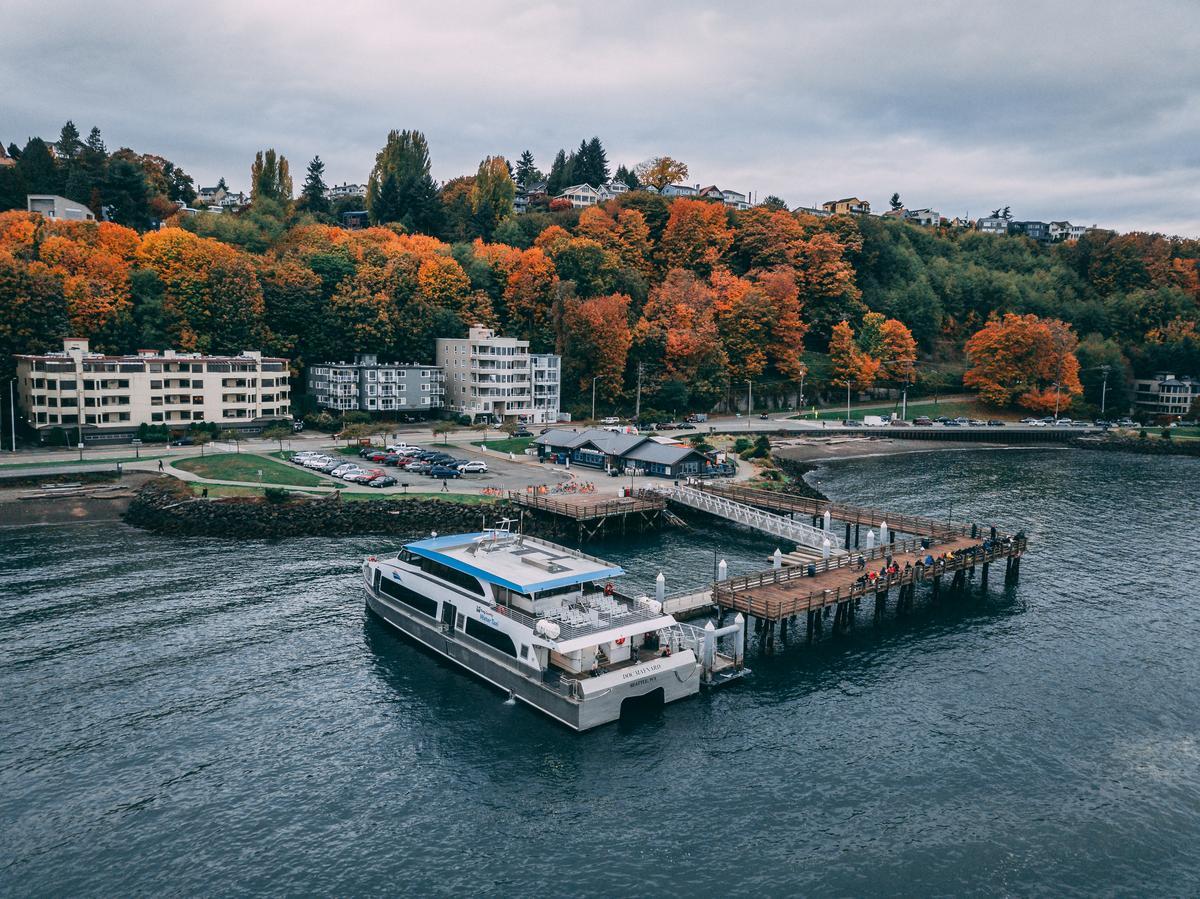 A large white boat is docked at a wooden pier on a waterfront, with autumn-colored trees and residential buildings on a hillside in the background under a cloudy sky.