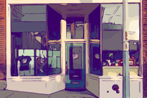 Stylized illustration of a storefront with large glass windows, a glass door in the center, and reflections on the windows. The scene is rendered in bold, vibrant colors with a cartoon-like effect.