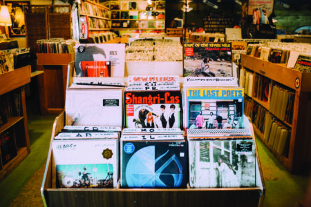 A vibrant record store interior with a wooden bin displaying various vinyl albums. The cover art includes diverse styles and colors. Shelves filled with more records line the walls in the backdrop, creating a nostalgic and lively atmosphere.