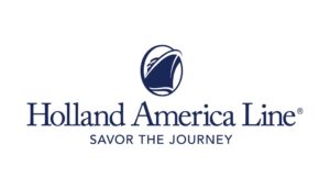 Logo of Holland America Line featuring a stylized outline of a ship within a circular design above the text. The tagline "Savor the Journey" is written below the name. The design is primarily in blue.
