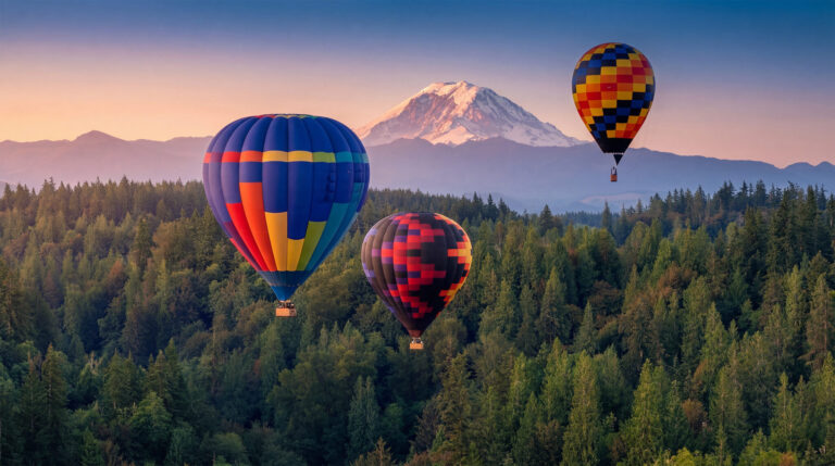 Three colorful hot air balloons float above a lush green forest with a snow-capped mountain and a clear sky in the background at sunrise or sunset.