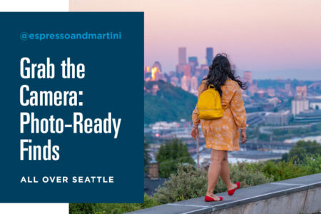 A person wearing a yellow backpack and red shoes stands on a rooftop, facing the Seattle skyline at sunset. The text reads: 