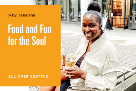 A woman sitting on a bench smiles while holding a drink. The image has text that reads 