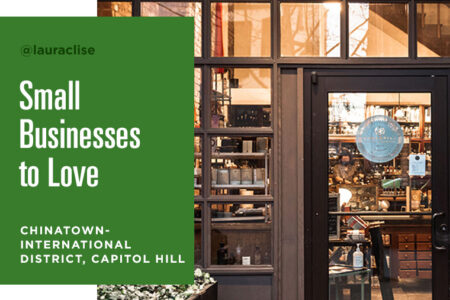 A storefront with large windows showcases various items inside. A green banner reads: 