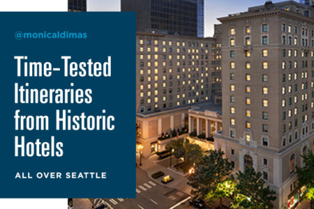 Aerial view of a historic hotel building in Seattle at dusk. The text reads, 