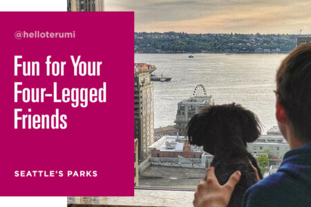 A person and a dog gaze out a window overlooking a cityscape with water and a ferris wheel. The text reads 