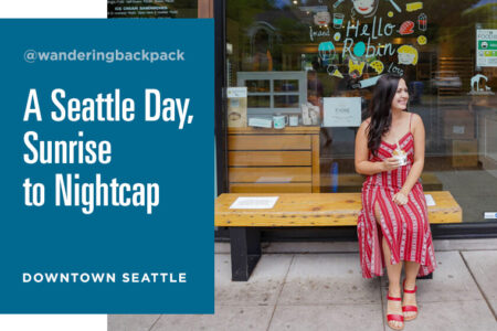 A woman in a red striped dress sits on a bench outside an ice cream shop, holding a cone. The window displays various stickers and a text bubble saying 