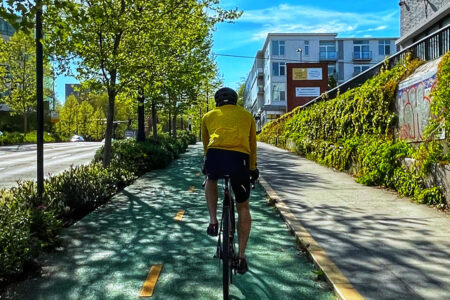 A cyclist in a yellow shirt rides along a tree-lined, green-hued bike path on a sunny day. To the right, buildings adorned with greenery and graffiti contrast the left side, where cars pass by. Shadows of leaves cast intricate patterns on the path.