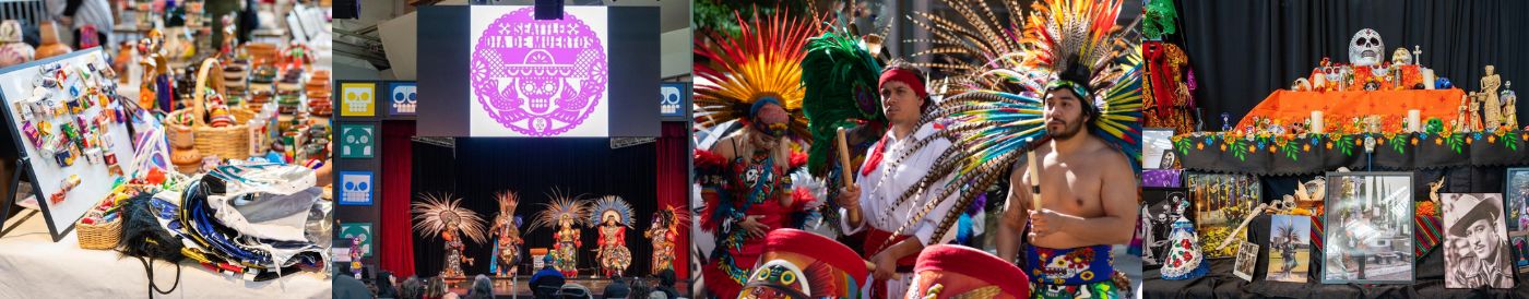 A collage showing colorful Mexican crafts, a Día de los Muertos sign, traditional dancers in feathered costumes, and an altar decorated with marigolds, candles, and skulls for Day of the Dead celebrations.