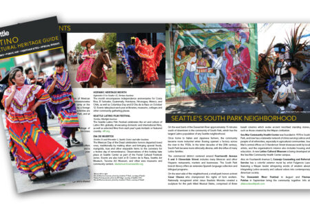 A brochure showcasing Seattle's Latino Cultural Heritage. It features images of traditional dancers, colorful attire, and a vibrant mural. Text highlights Hispanic heritage events and Seattle's South Park neighborhood.