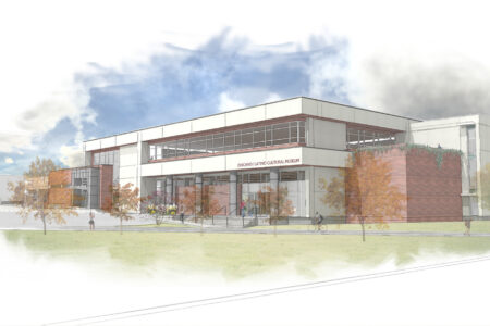 Illustration of a modern school building with large windows and a red-brick facade. A few small trees stand around the entrance, and people are walking and biking nearby under a partly cloudy sky.
