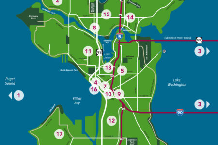 Map of Seattle showing major highways, streets, and bodies of water. Key points are marked with numbers, including landmarks and areas like Puget Sound and Lake Washington. Features Interstate 5 and landmarks like Pike Place Market and Space Needle.