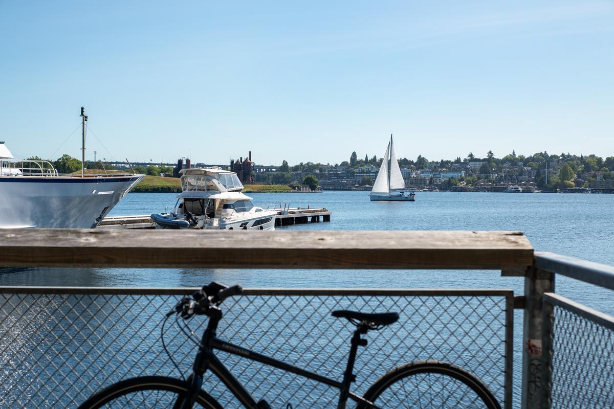 A black bicycle is parked against a metal fence by the waterfront, with boats docked at a pier and a white sailboat on the blue water under a clear sky. Houses and trees are visible in the distance.