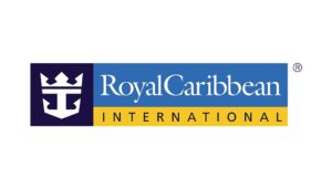 Royal Caribbean International logo, featuring a crown symbol on the left and the brand name in white text on a blue background, with "INTERNATIONAL" in black on a yellow band below.