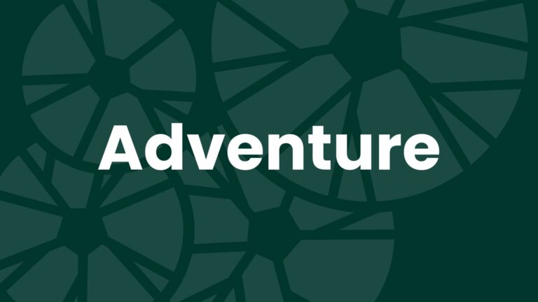 The word "Adventure" is centered in bold white text on a dark green background with abstract geometric circular patterns.