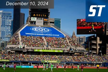 A packed Lumen Field during a soccer match.