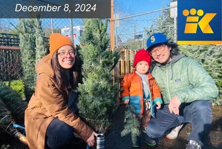 A family of three poses by Christmas tree.