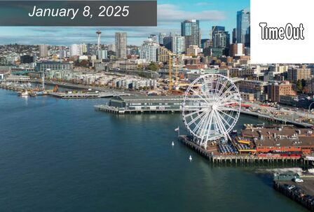 A cityscape featuring a Ferris wheel on a pier, with skyscrapers and a recognizable tower in the background.
