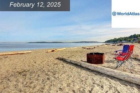 A sandy beach with driftwood and a red chair.