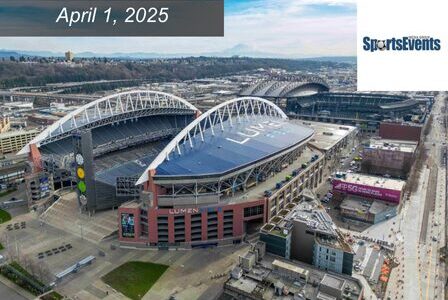 Aerial view of Lumen Field stadium in Seattle, with surrounding cityscape.