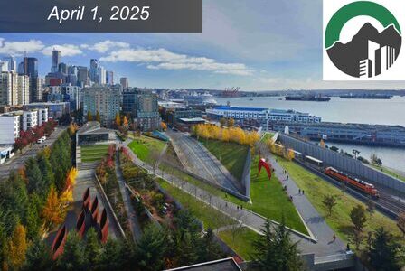 A cityscape with modern buildings, a waterfront, and a green park with sculptures.