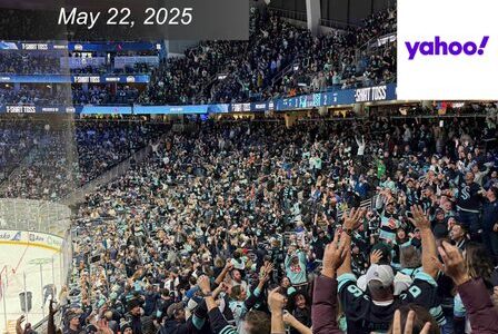 A large crowd of fans in hockey jerseys cheer in a stadium.