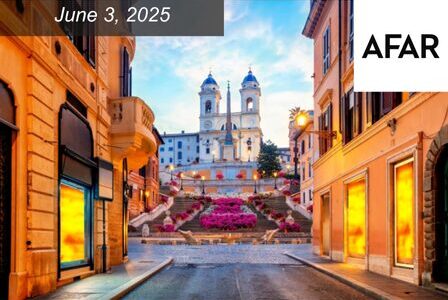 A vibrant street view leading to the Spanish Steps in Rome at sunrise, with blooming flowers and colorful buildings.