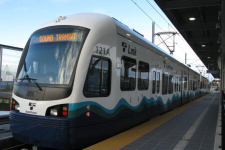 A light rail train with 