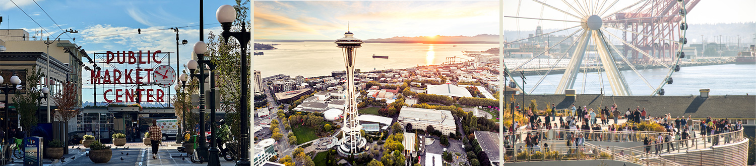 A triptych of Seattle highlights: Left, Pike Place Market entrance with its iconic red neon sign; center, aerial view of the Space Needle with the cityscape; right, Ferris wheel by the waterfront with people visiting an observation area.
