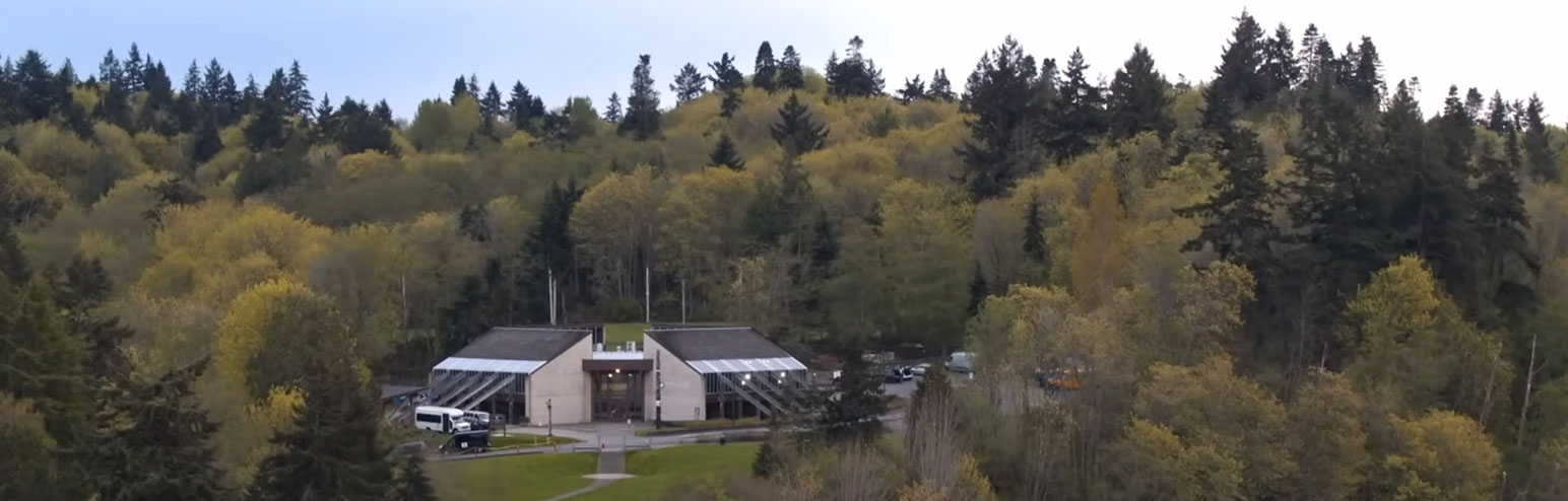 Aerial view of a modern building with large glass windows surrounded by a forest. The trees have a mix of green and yellow foliage, indicating early autumn. A few vehicles are parked near the building, and a path leads up to it.