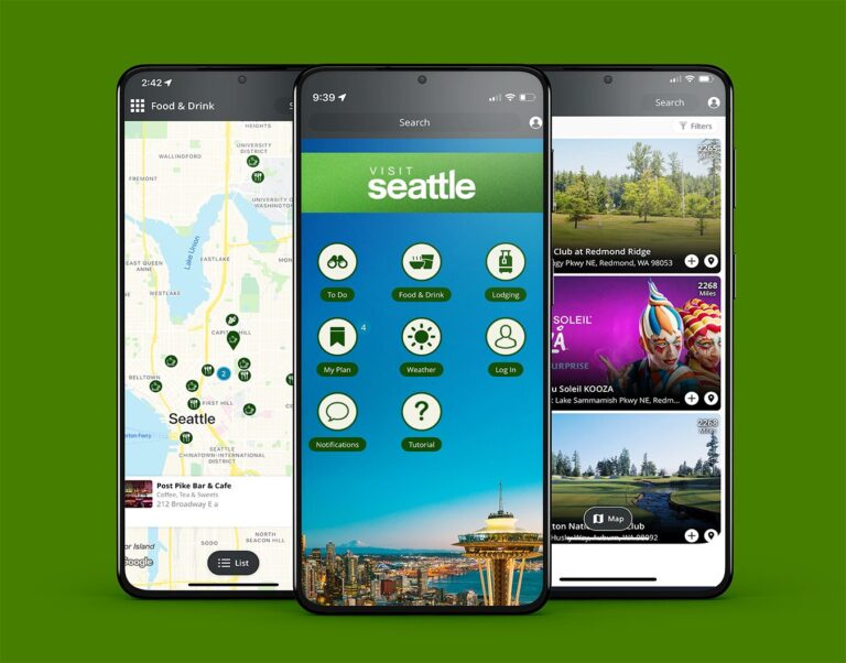 Three smartphones display a Seattle tourism app: one shows a map with food locations, the center shows the app’s main menu with Seattle landmarks, and the third shows local event listings with photos. Green background.