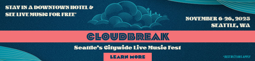 Banner promoting Cloudbreak, Seattle’s citywide live music fest, November 6–26, 2025. Offers free live music for downtown hotel guests. Decorative blue and coral graphics, with a "Learn More" button at the bottom.