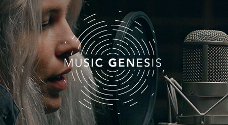 Close-up of a person with long, light hair singing into a microphone. The text "MUSIC GENESIS" is overlaid with a circular design around it.
