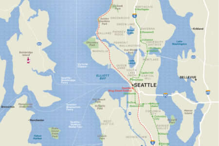 Illustrated map of Seattle and surrounding areas, showing major neighborhoods, highways, parks, and Puget Sound. Notable areas include Capitol Hill, Queen Anne, West Seattle, Bellevue, and landmarks like Space Needle and Pike Place Market.